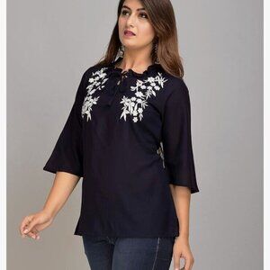 Bundle It! 3 Butterflies Women's Navy Blue Embroidery Top Tunic Blouse Size S